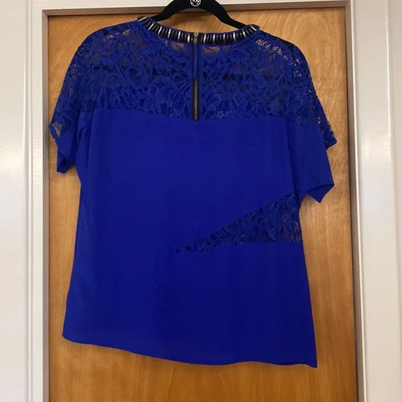 Blue Nanette Lepore Silk Blouse with Lace Peek a boo embellished collar - Picture 4 of 4